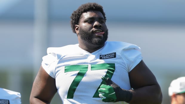 Jets tackle Mekhi Becton during 2021 training camp.
